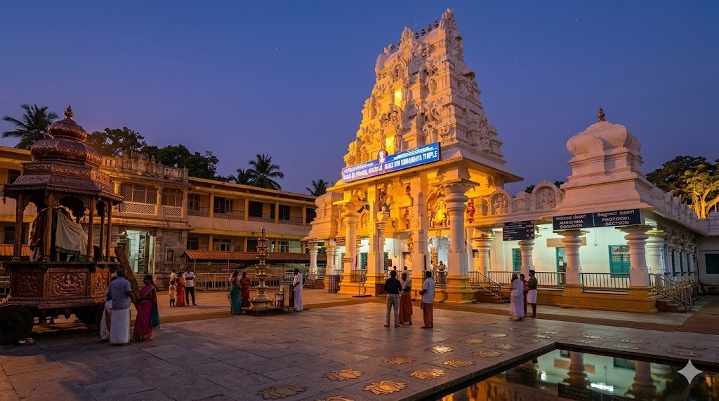 Kukke Subrahmanya Temple gopuram exterior lit up at dusk with evening devotees in the temple courtyard