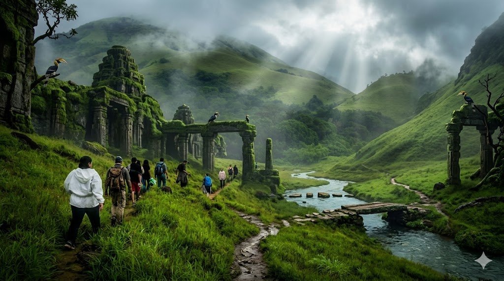 Pilgrims trekking to Kumara Parvatha peak through the green misty Western Ghats near Kukke Subrahmanya