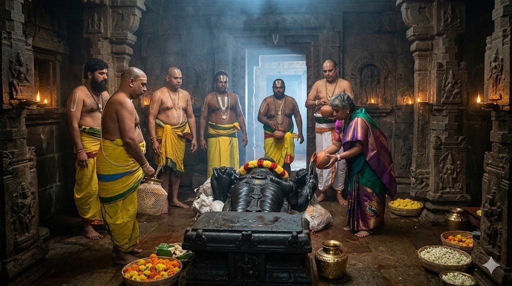 Kukke Subrahmanya priests performing Sarpa Samskara ritual on the sacred serpent idol inside the temple sanctum